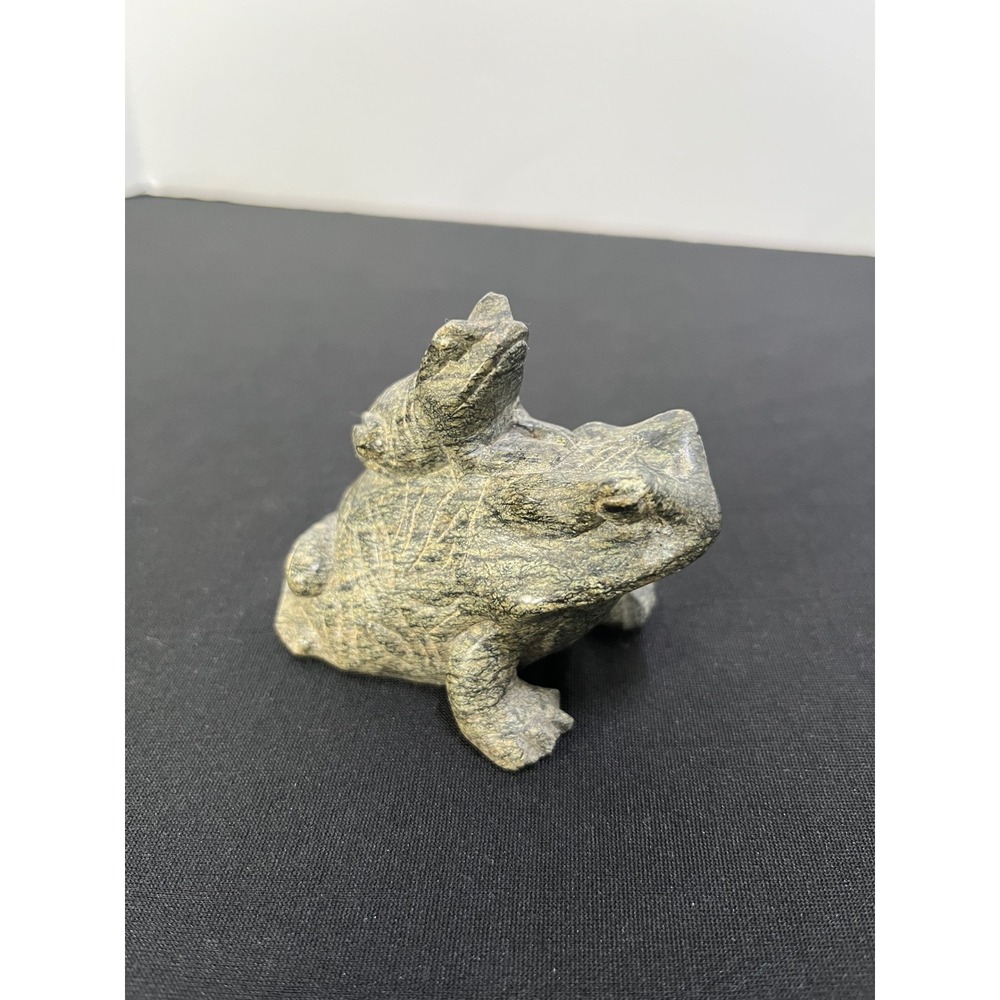 Vintage Hand Carved Soapstone Frog on Toad Figurine Green Stone Animal Sculpture